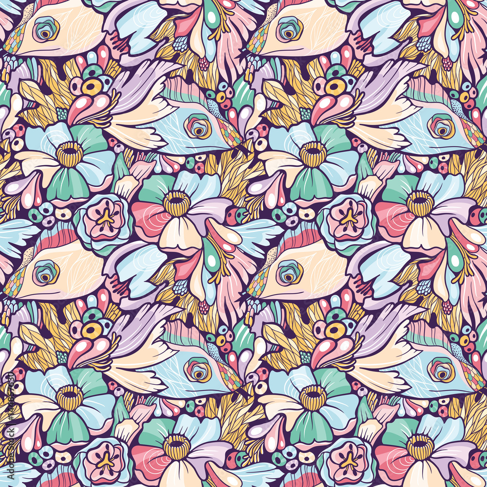 Seamless floral pattern with lizards Seamless floral pattern with lizards