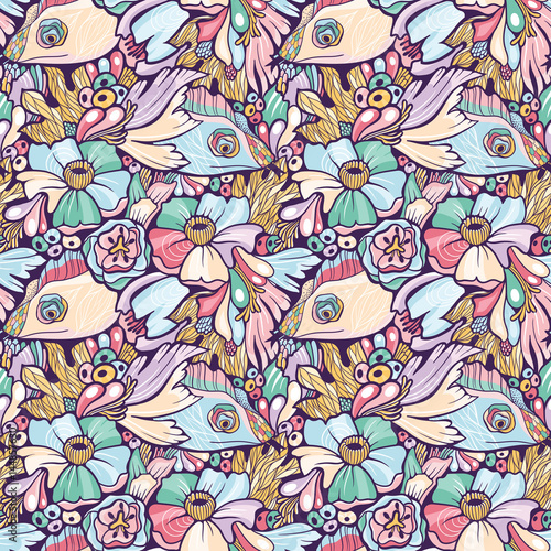 Seamless floral pattern with lizards