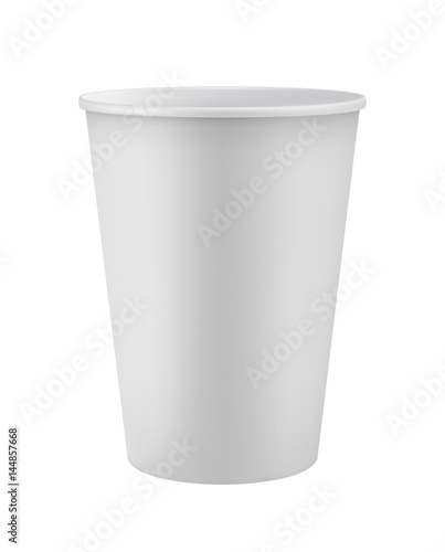Blank white disposable coffee cup isolated on white background vector illustration. Packaging design element for branding.