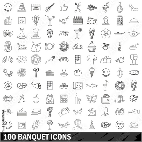 100 banquet icons set, outline style