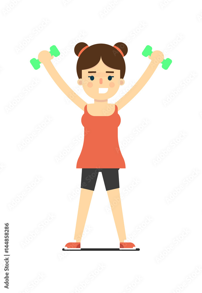 Sporty girl in sportswear lifting light dumbbells isolated on white background vector illustration. Fitness exercise, sport and healthy lifestyle concept in flat design.