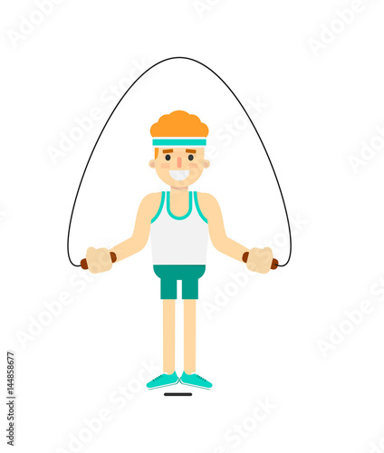 Sporty boy jumping with skipping rope isolated on white background vector illustration. Gymnastic exercise, crossfit training concept in flat design.