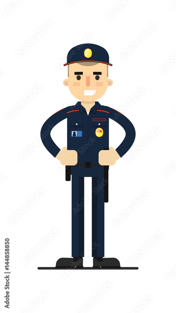 Security man in uniform vector illustration isolated on white background. Patrolman or cop character in flat design.