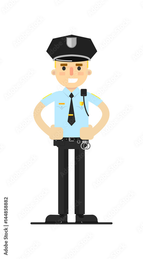 Police officer in uniform vector illustration isolated on white background. Patrolman or cop character in flat design.