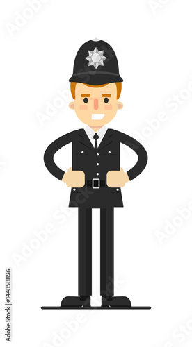 British policeman in uniform vector illustration isolated on white background. Police officer or cop character in flat design.