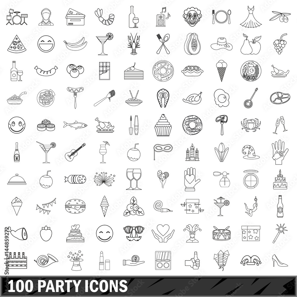 100 party icons set, outline style 100 party icons set, outline style