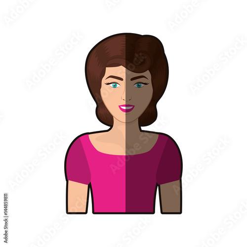 colorful shading realistic half body woman with fuchsia t-shirt and pin up swirl hairstyle vector illustration