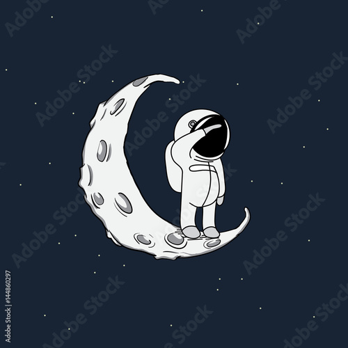 Little spaceman on crescent moon