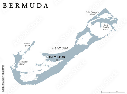 Bermuda political map with capital Hamilton. British Overseas Territory in the North Atlantic Ocean. Member of the Caribbean Community. Gray illustration on white background. English labeling. Vector.
