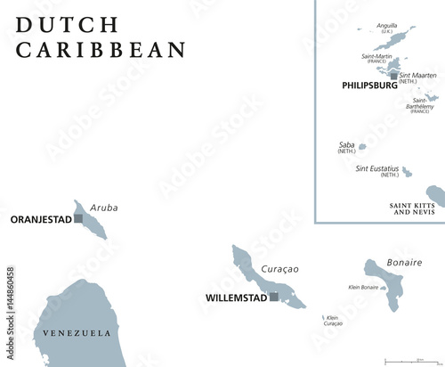 Dutch Caribbean political map with Aruba, Curacao, Bonaire, Sint Maarten, Saba and Sint Eustatius. Former Netherlands Antilles. Gray illustration isolated on white background. English labeling. Vector