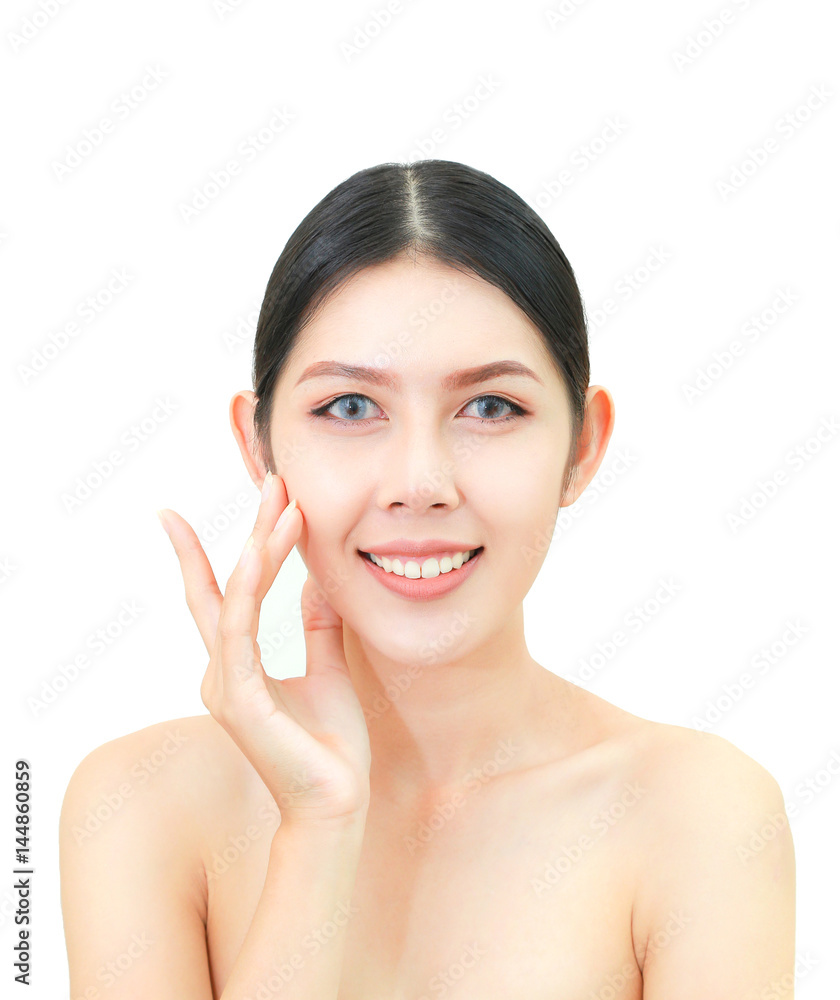 Beautiful woman Face Portrait Beauty Skin Care smile and touch her face, isolated on white background. Natural makeup, SPA therapy, skincare, cosmetology and plastic surgery concept. Women white skin. Beautiful woman Face Portrait Beauty Skin Care smile and touch her face, isolated on white background. Natural makeup, SPA therapy, skincare, cosmetology and plastic surgery concept. Women white skin.
