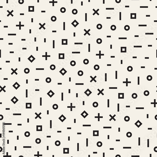 Retro geometric line shapes seamless patterns. Abstract jumble textures. Black and white scattered shapes