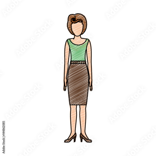 color pencil drawing of woman with green light blouse and skirt retro style vector illustration