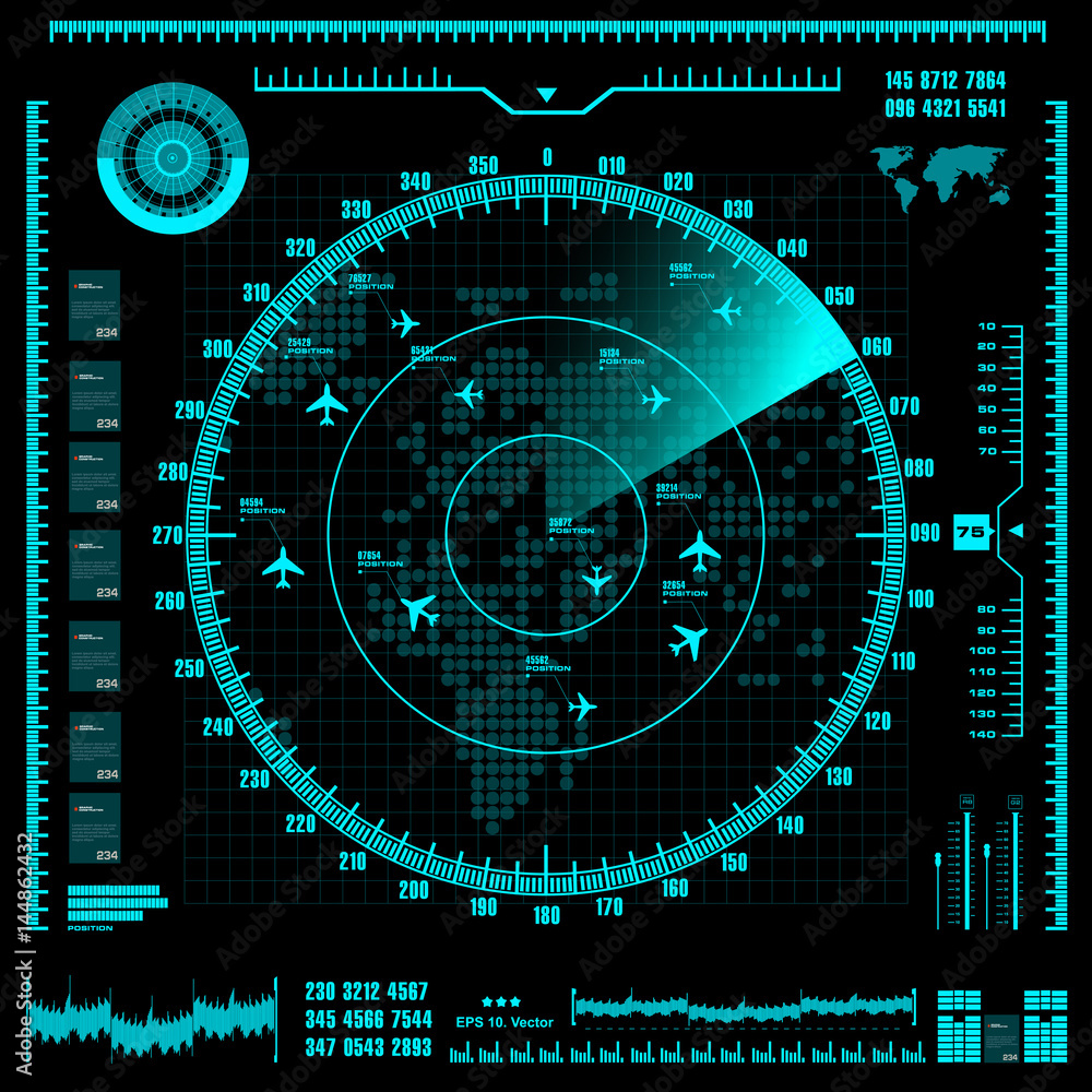 Vetor de Blue radar screen with planes and world map. Vector EPS10. do ...
