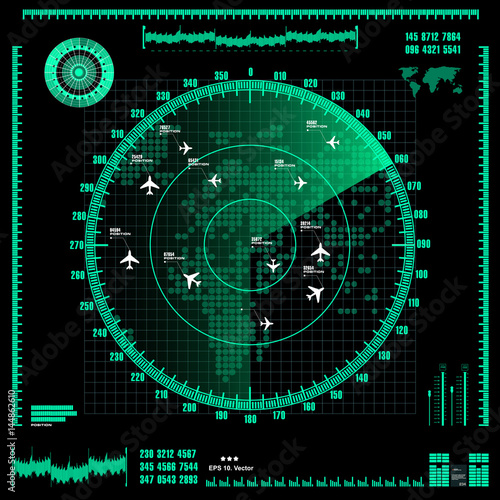 Green radar screen on black background, HUD interface
