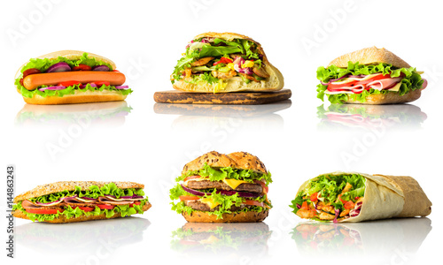 Collage with Sandwiches and Burger on White Background