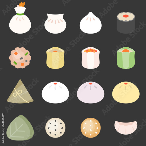 Dim sum cantonese food, such as bun, rice dumpling, sticky rice wrapped in lotus leaf, pork dumpling and beef ball, flat design icon