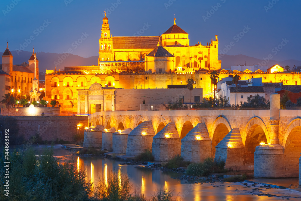 Illuminated Great Mosque Mezquita - Catedral de Cordoba with mirror reflection and Roman bridge across Guadalquivir river during evening blue hour, Cordoba, Andalusia, Spain