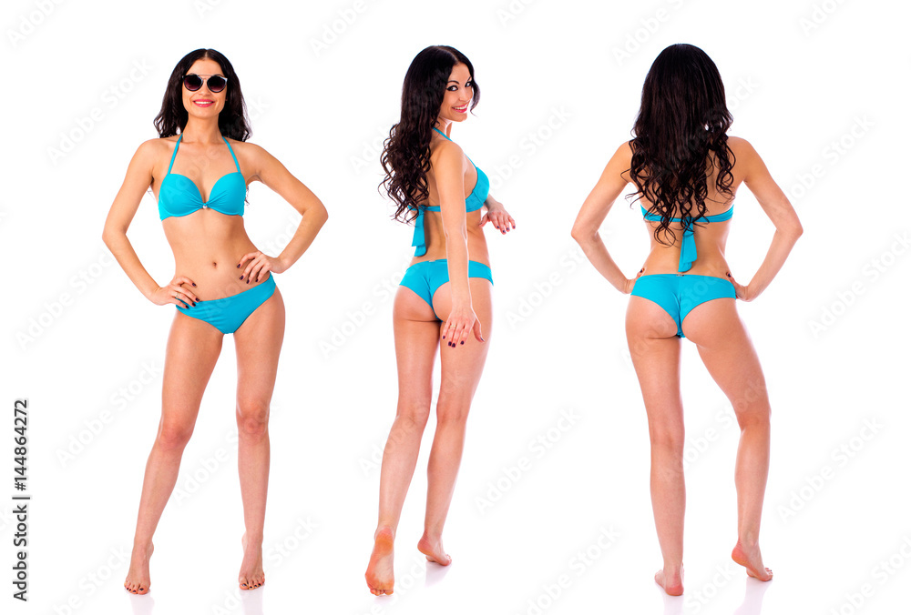 Full length portrait of young girls wearing blue bikini - obrazy, fototapety, plakaty 