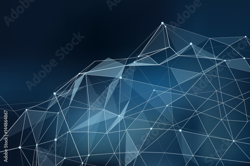Abstract vector illustration with network themed connected dots with lines and polygonal shapes on dark bakcground