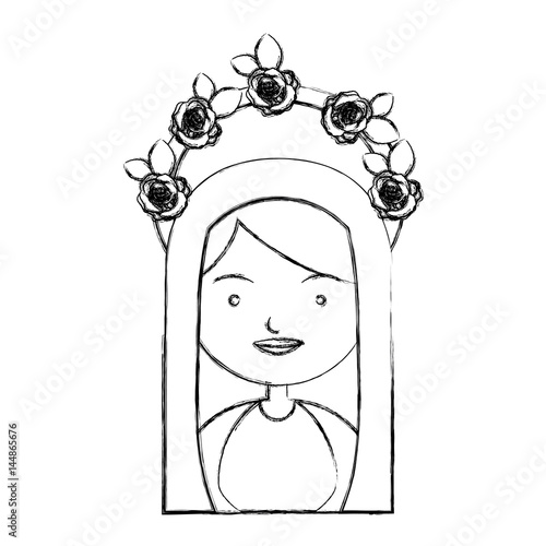 monochrome sketch contour of half body beautiful virgin with crown of roses and mantle vector illustration