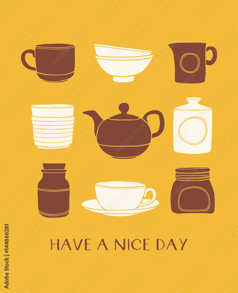 Kitchenware naive poster. Hand drawn vector set of cups, teapots, bowls, jars