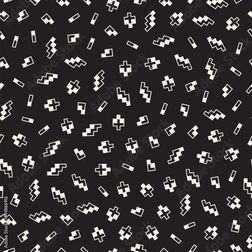 Seamless primitive jumble minimalism patterns. Randomly scattered geometric shapes. Abstract retro backgroun