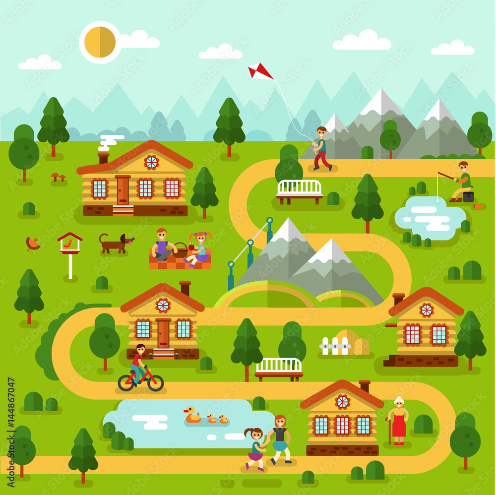 Flat design vector illustration of mountain village map with houses, ponds, road. People spend time on picnic, old woman walking, boy with kite, cyclist, fisherman. Flat design vector illustration of mountain village map with houses, ponds, road. People spend time on picnic, old woman walking, boy with kite, cyclist, fisherman.