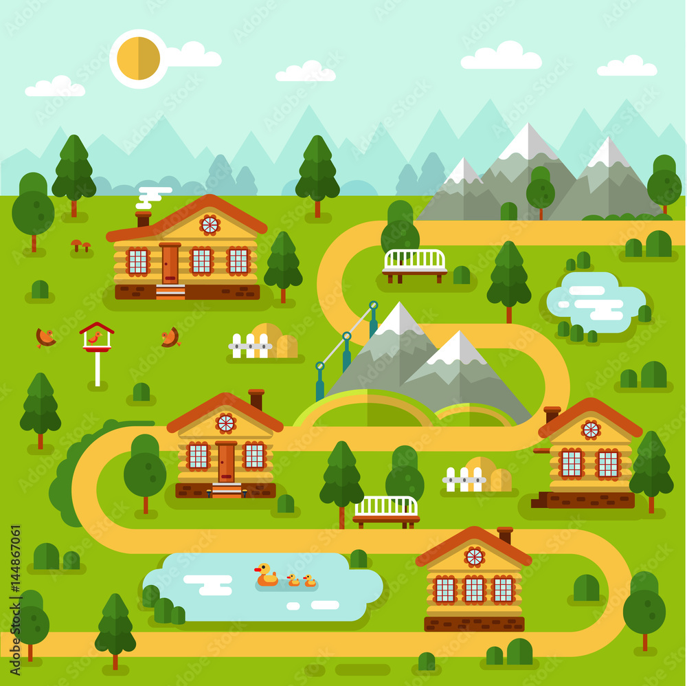 Flat design vector illustration of mountain village map. Included cartoon  houses, two ponds with ducks, road, bench, birds feeder. Rest in the  countryside. Stock Vector | Adobe Stock