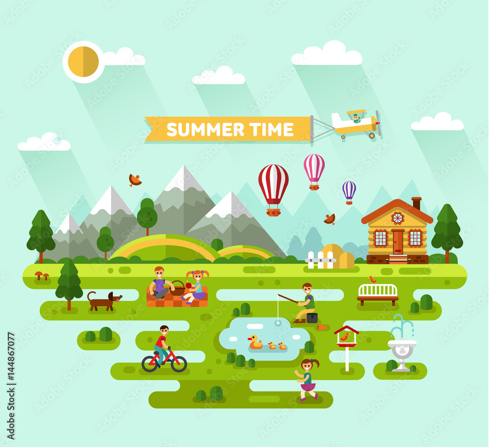 Flat design vector nature summer landscape illustration with house, air balloons, woman and men on picnic, fisherman, pond, boy on bike, walking girl, mountains. Airplane with banner.