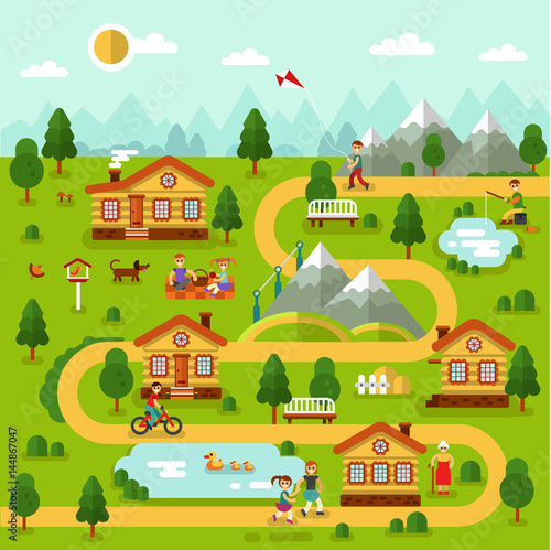 Flat design vector illustration of mountain village map with houses, ponds, road. People spend time on picnic, old woman walking, boy with kite, cyclist, fisherman.