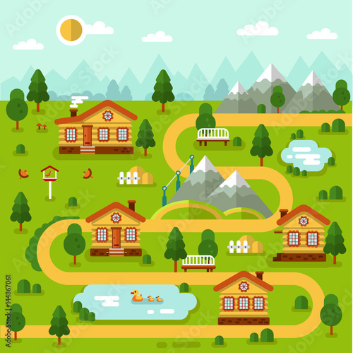 Flat design vector illustration of mountain village map. Included cartoon houses  two ponds with ducks  road  bench  birds feeder. Rest in the countryside.