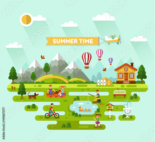 Fototapeta Naklejka Na Ścianę i Meble -  Flat design vector nature summer landscape illustration with house, air balloons, woman and men on picnic, fisherman, pond, boy on bike, walking girl, mountains. Airplane with banner.