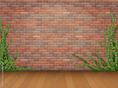 Ivy branches on old red brick wall and parquet floor background.