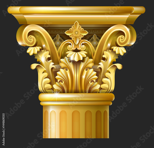 Golden Capital of the Corinthian column in the Baroque style. Classical architectural support. Vector graphics