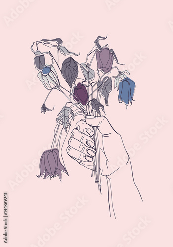 withered flowers in her hand, gone feeling concept. Hand drawn illustrations
