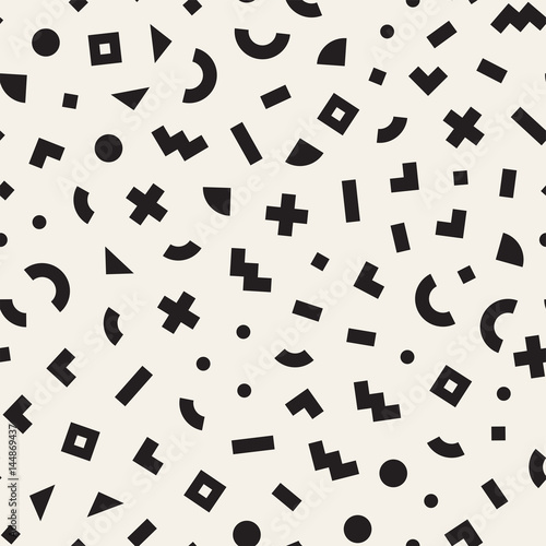 Scattered Geometric Shapes. Inspired by Memphis Style. Abstract Background Design. Vector Seamless Black and White Irregular Pattern.