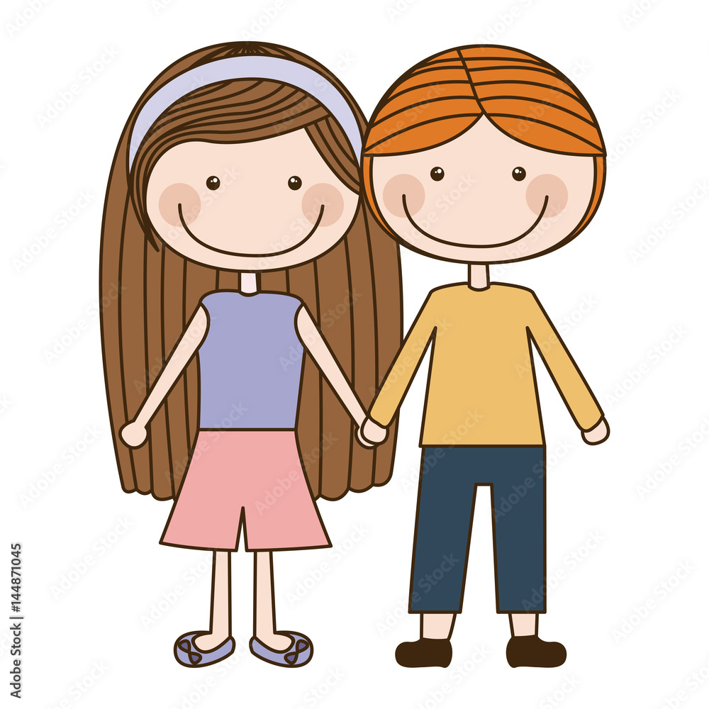 colorful caricature couple kids in casual clothes with taken hands vector illustration colorful caricature couple kids in casual clothes with taken hands vector illustration