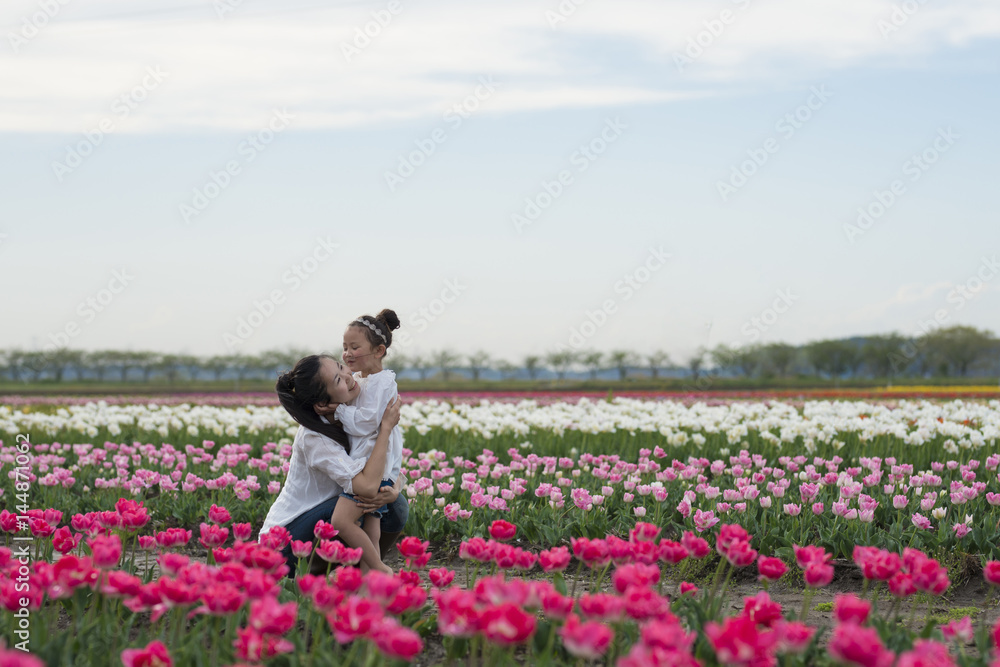 花畑で遊ぶ親子 花畑で遊ぶ親子