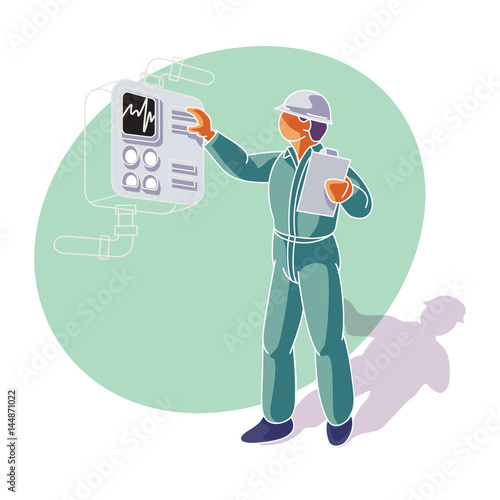 A factory/installation worker/technician checks the gauges on an instrument pannel.