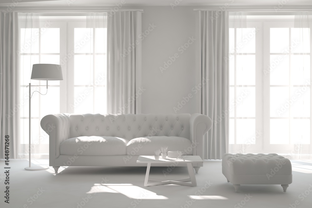 White room with sofa. Scandinavian interior design. 3D illustration - obrazy, fototapety, plakaty 