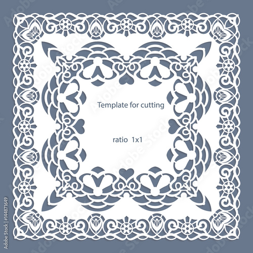 Greeting card with openwork border, paper doily under the cake, template for cutting, wedding invitation, decorative plate is laser cut, vector illustrations.