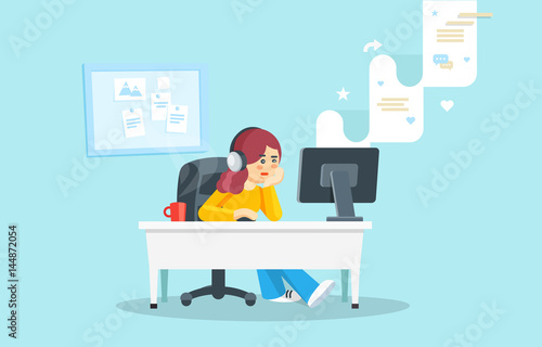 Internet surfing concept. Flat vector illustration. Girl sitting at a table behind a computer looking at the computer screen and watching social network.