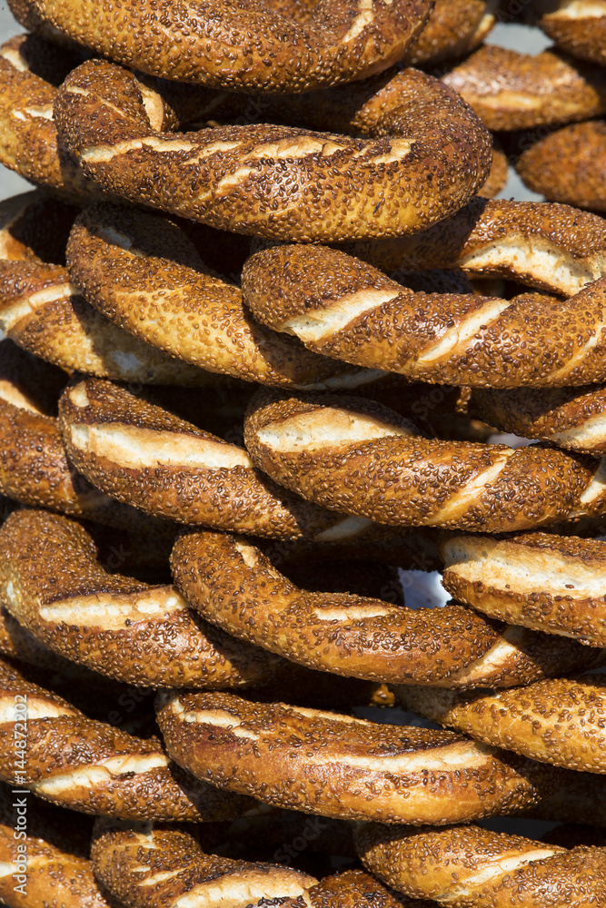 Background with Turkish bagels simit, close-up Background with Turkish bagels simit, close-up
