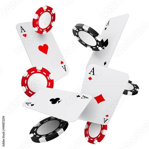 Falling casino chips and aces, vector illustration, isolated on white