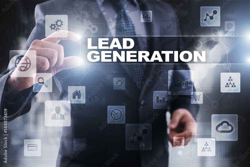 Businessman selecting lead generation on virtual screen. Businessman selecting lead generation on virtual screen.