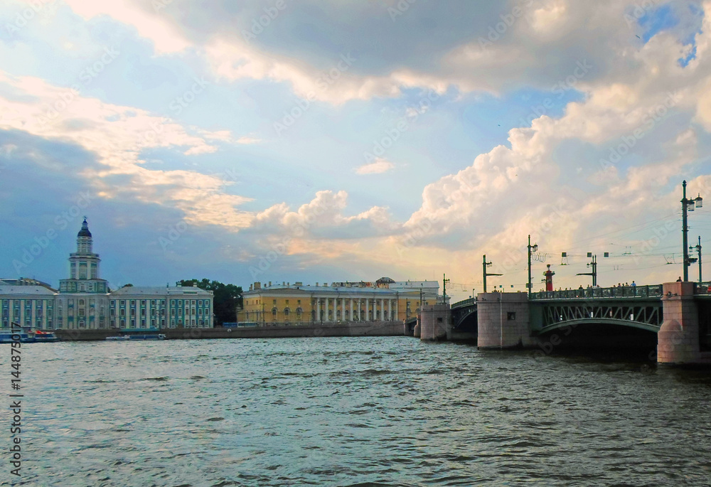 Architectural complex of Neva Embankment, Building of Kunstkamera and Palace Bridge, St.Petersburg, Russia - June 2016