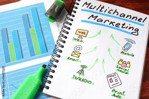 Photo Multi channel marketing written in a notebook and marker.
