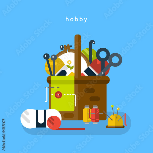 Set of icons. Knitting. Basket with accessories for knitting. Vector flat illustration