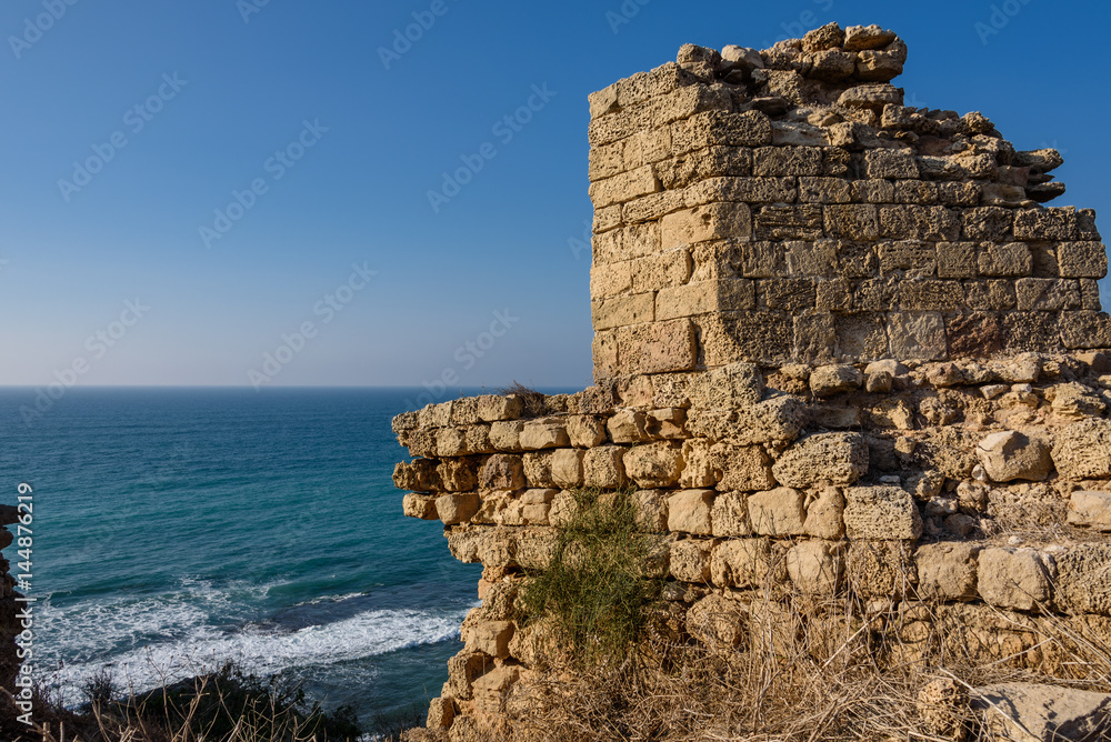 Remains of the crusader fortress in Apollonia, an ancient city in Helenistic and Roman Judea. It was situated on a cliff above the Mediterranean Sea about 34 km south of Caesaria. 